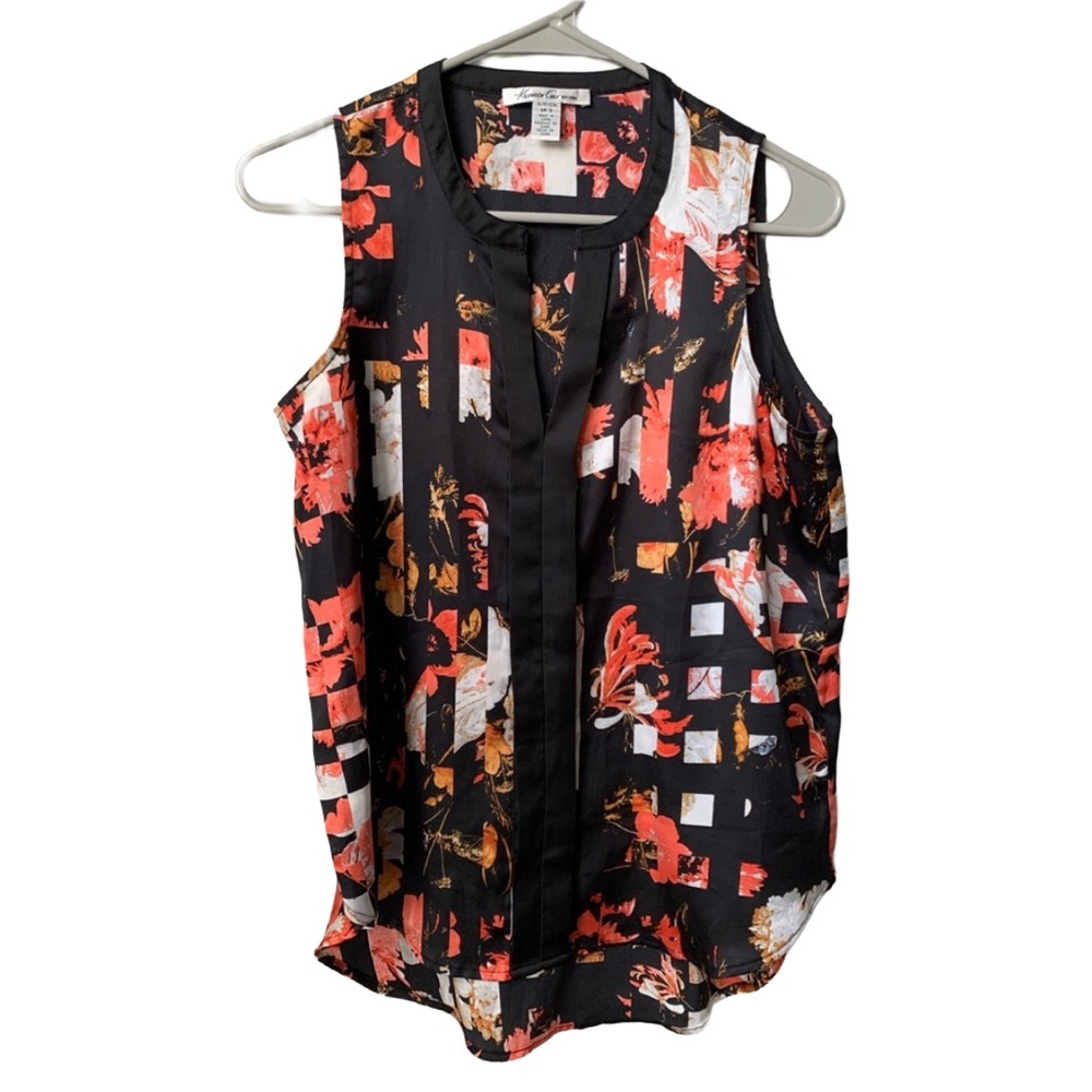 KENNETH COLE Black Orange White Floral Print Sleeveless Split V-neck Blouse